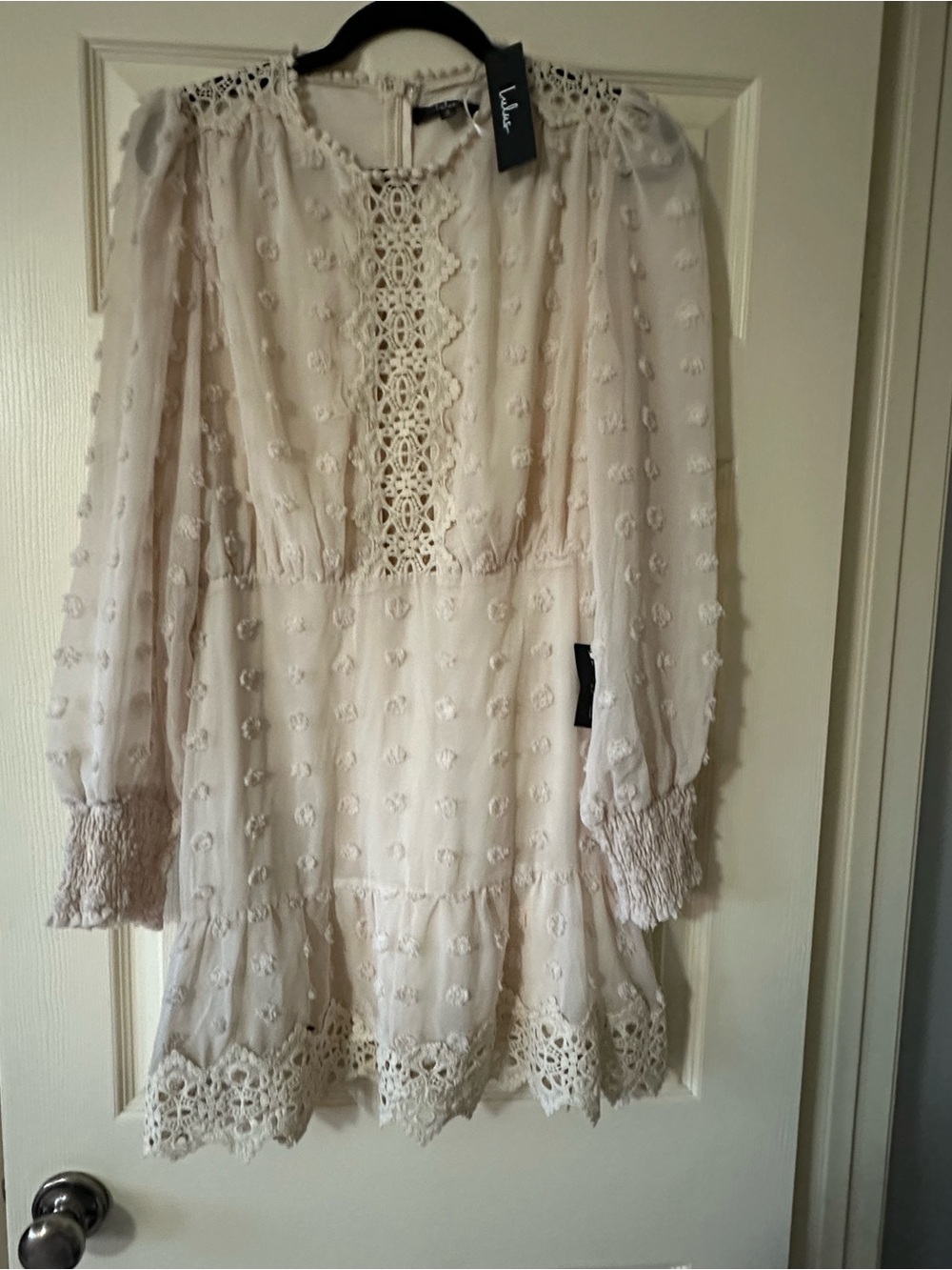 Lulu's Cream Swiss Dot Lace-Trim Mini Dress - Picture 4 of 5